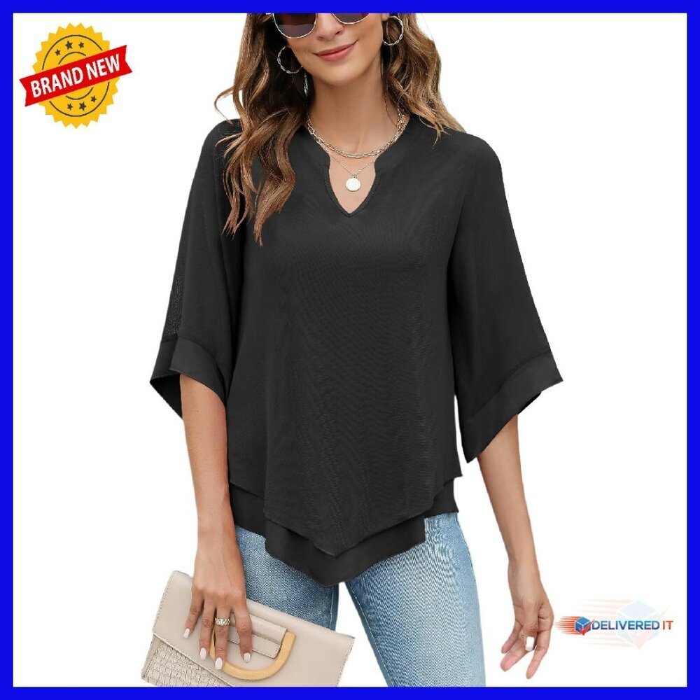 Women's 3/4 Sleeve Chiffon Blouse V Neck Double Layer Mesh Tunic Top